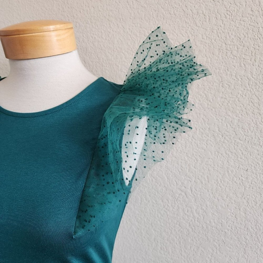 NWT Boden Polka Dot Tulle Statement Shoulder Ruffle Jersey Forest Green US4 - Picture 4 of 11